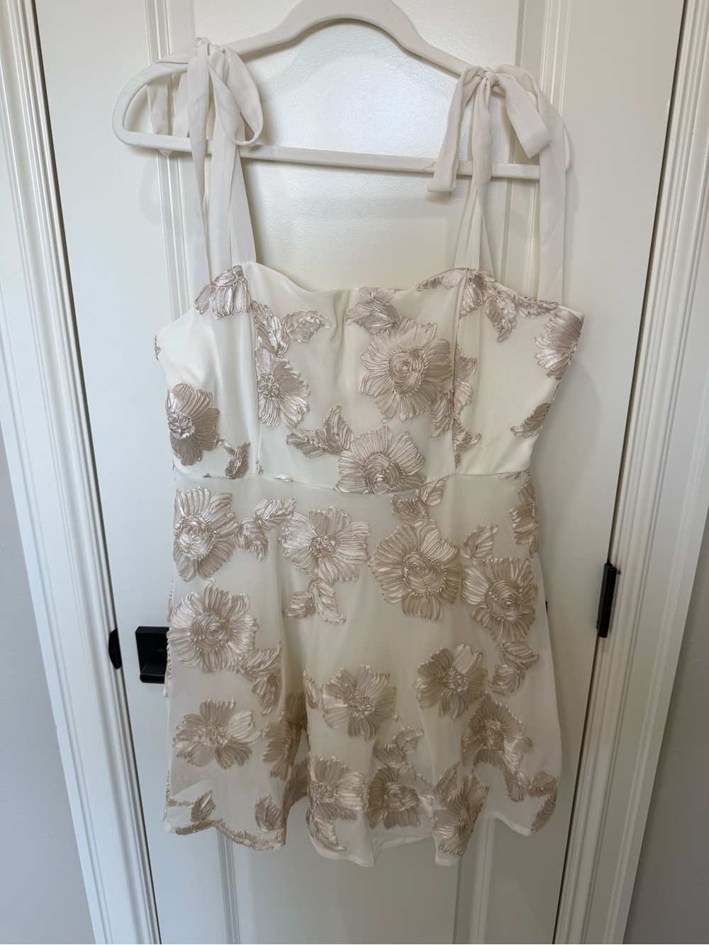 Cream Floral Applique Tie-Shoulder Dress